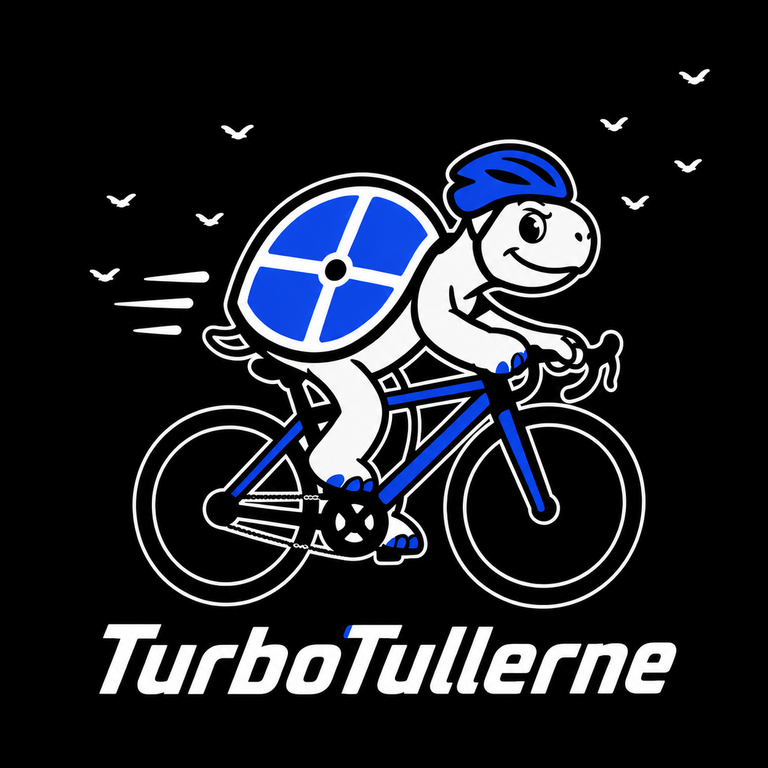 TurboTullernes blå og hvide skildpadde på racercykel